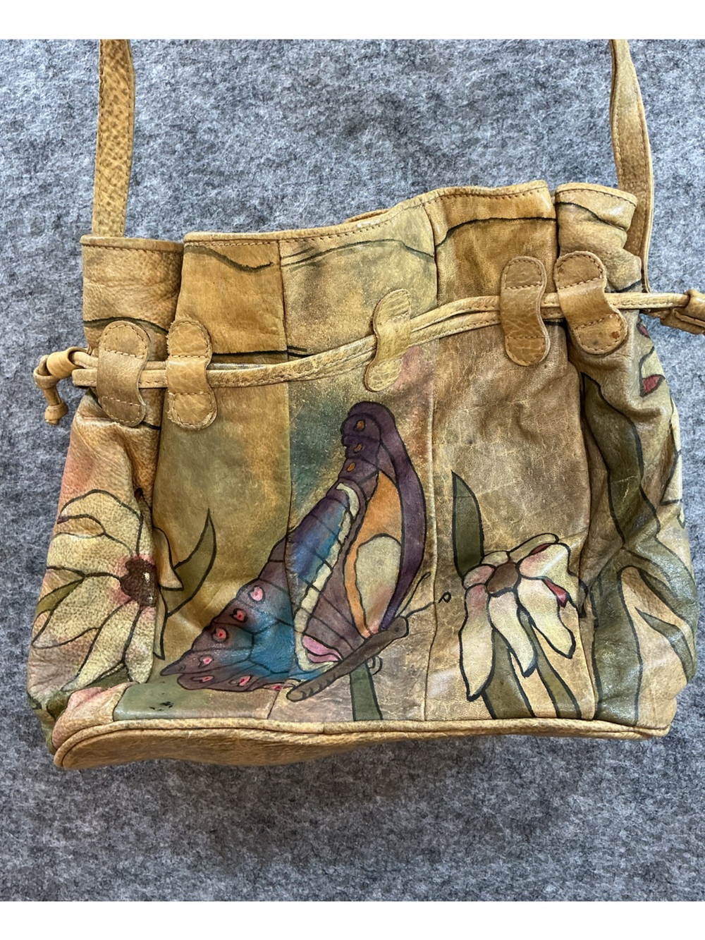 VINTAGE 70s Boho Yellow Hand-Painted Butterfly Shoulder Bag - Picture 3 of 3